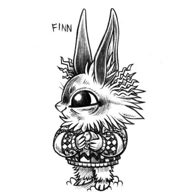 an ink drawing of a humanoid rabbit named Fiinn, wearing a very bulky patterned sweater. Finn is holding a ball. Their ears are long and dark, they have crimped hair at the base of them. Finn is overall very adorable and bears features of an icelandic sheep dog.
