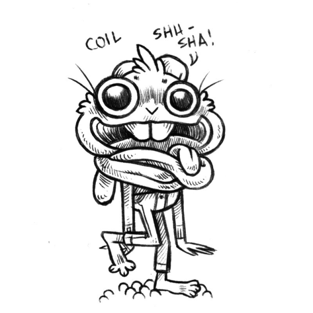 an ink drawing of a cartoony humanoid rabbit named Coil, who's own ears are wrapped around themself. Their eyes are big and round and open, with one being larger than the other. Their mouth is open, revealing 2 prominent front teeth. They are standing on one leg, posing while saying "SHH-SHA!" a-la Dale Gribble.