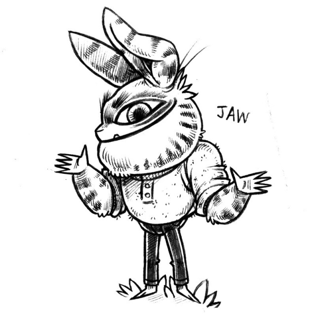 an ink drawing of a humanoid rabbit named Jaw, standing, and looking sideways. They have a big prominent jaw, stripes on their fur, are wearing a fuzzy shirt and black jeans.