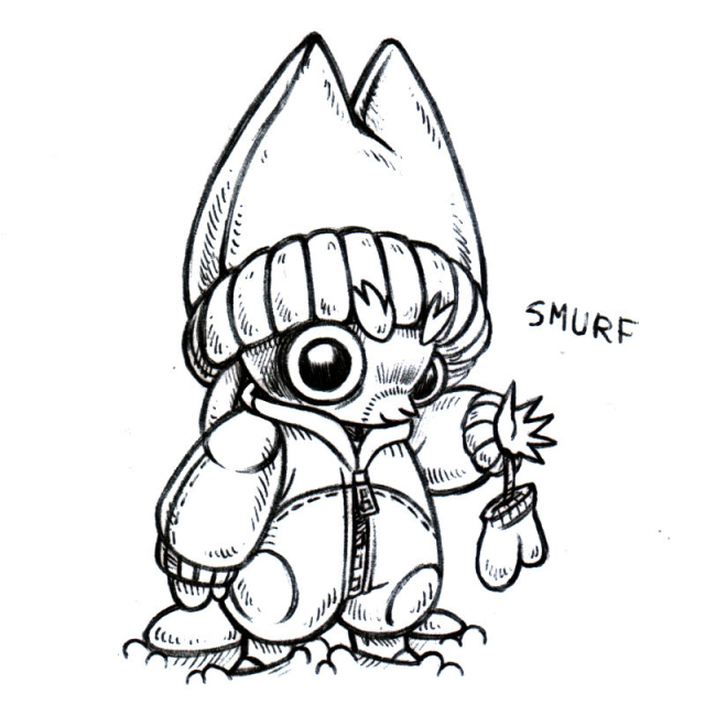 an ink drawing of a humanoid rabbit named Smurt, wearing a very big fullbody snowsuit and a tuque with a top that resembles cat ears. Smurf is very small, and is waving hello, a mitten hanging from their wrist.