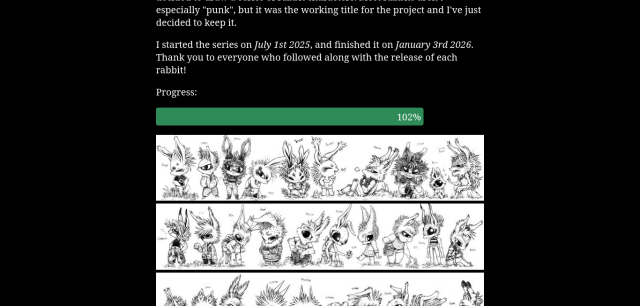 a screenshot of rek's website with a green progress bar showing that the punk rabbits project is 102% completed.