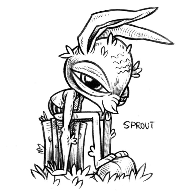 an ink drawing of a humanoid rabbit named Sprout, sitting on a tree trunk and dropping forward, looking sleepy, tongue sticking out. SProut has tufts of hair growing randomly on their body, they are wearing a sleeveless tank and striped shorties.