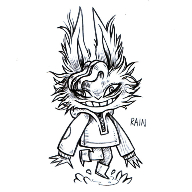 an ink drawing of a humanoid rabbit named Rain, standing while hopping in a puddle of rainwater. Rain is wearing a tain jacket, they are grinning somewhat awkwardly while looking head, the fur on their cheeks and ears are particularly dishevelled.