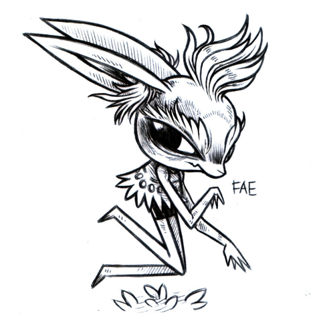 an ink drawing of a long-limbed humanoid rabbit named Fae, who is hovering a bit above the gorund like a fairy (or in a sort of mid-jump). Fae has heavy brows, anti-gravity bangs, big tufts of air coming out of their ears, and they are wearing a whimsical dress that is split at the bottom.