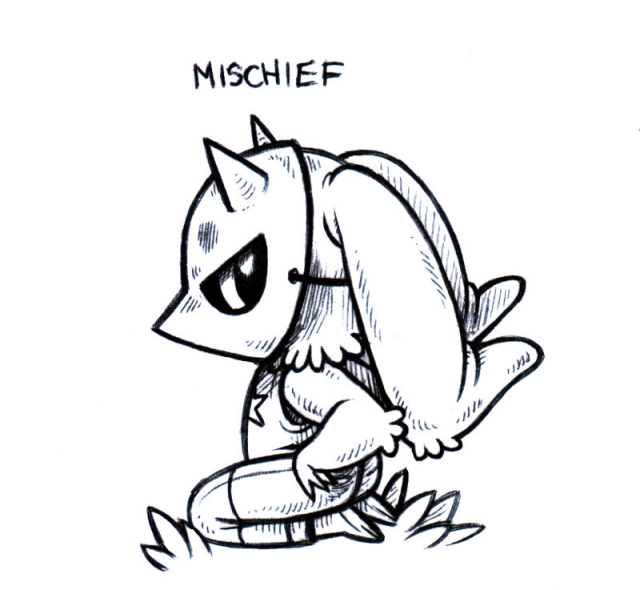 an ink drawing of a humanoid rabbit named Mischief, kneeling on the ground with their hands at their waist, angled slightly away. They have big thick ears that are laid back, and they are wearing a mask with horns.