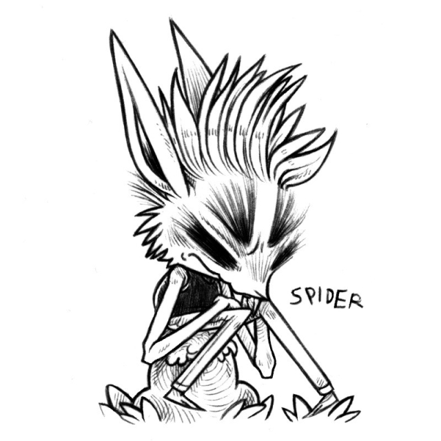 an ink drawing of a rabbit named Spider, sitting on the ground, hands resting on their thighs. Spider has extremely long arms and legs. They have long wispy eyebrows and a some of mohawk-like hairdo.