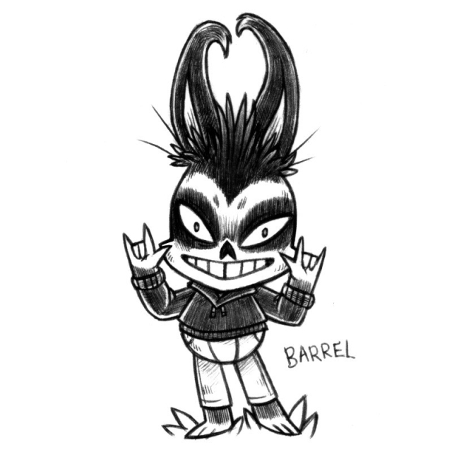 an ink drawing of a humanoid rabbit named Barrel, who resembles a sort of of demon, with a skull pattern on their face and tall dark ears that curl inward at the top like horns. They are grinning mischievously, wearing a dark hoodie and jeans.
