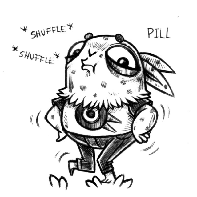 an ink drawing of a humanoid rabbit named Pill, who appears to be dancing(hands on their hips, legs askew), while looking half-serious. Their fur is spitted, they are wearing a bird shirt and jeans. Pill is rather pill-shaped.