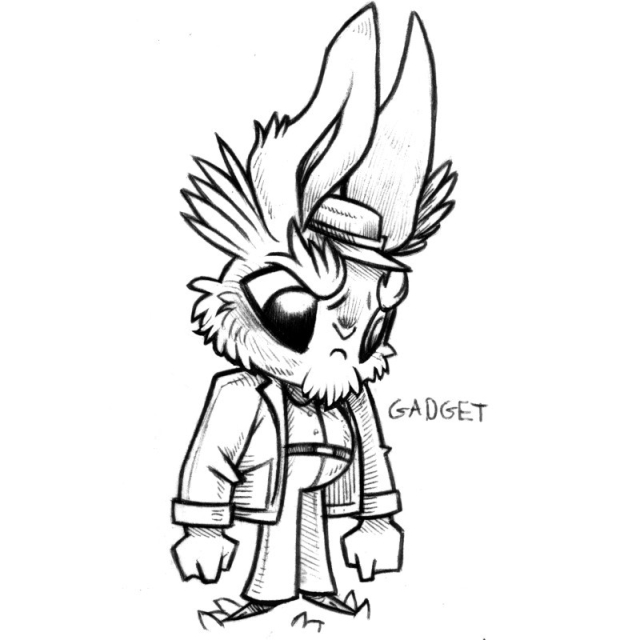 an ink drawing of a humanoid rabbit named Gadjet. Gadjet is standing looking down suspiciously at something we can't see. They are wearing a fedora hat, a jacket, a dress shirt, and pants that widen at the bottom. They have thick eyebrows and some fur on the chin that resembles a beard.
