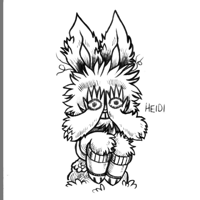 an ink drawing of a humanoid rabbit named Heidi, sitting on a rock and hiding their face with their hands. On the back of each hand is a fur pattern in the shape of an eye. Heidi is grinning.