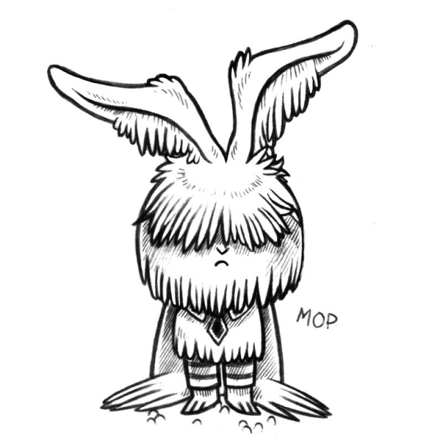 an ink drawing of a humanoid rabbit named Mop. Mop's hair is very thick and long, hiding their eyes, and most of their arms. Their ears are so thick with hair they resemble wings. They are wearing a tie and striped pants.
