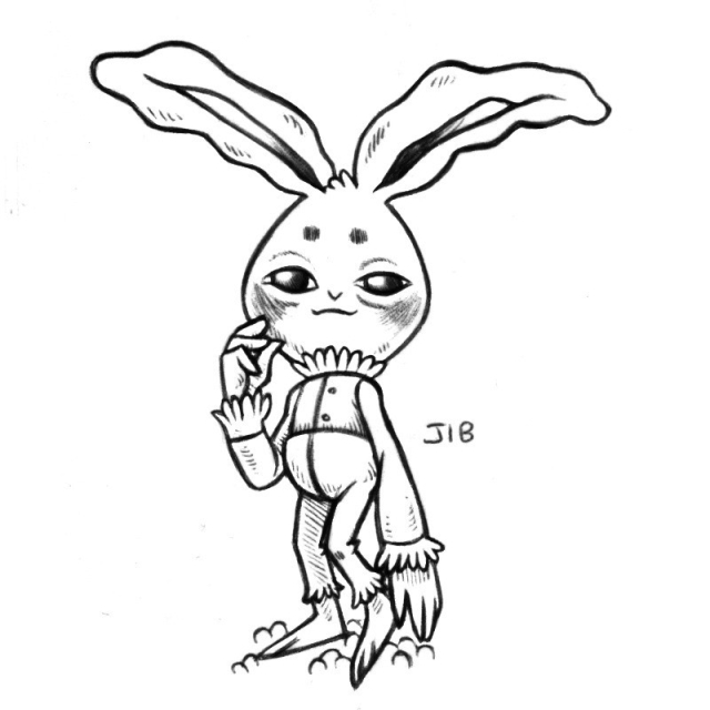 an ink drawing of a humanoid rabbit named Jib. Jib has drooping lumpy ears, long arms (with thick forearms) and long feet. Their eyes look puffy, and they are wearing clothes that all terminate into frills.