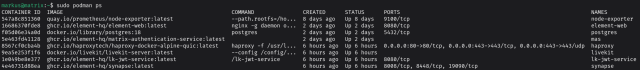 output of podman ps on my matrix homeserver
