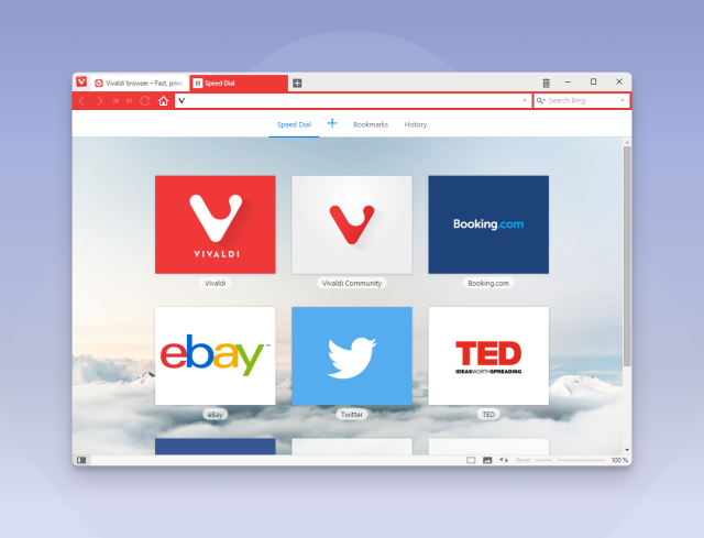 A screenshot of Vivaldi's UI in 2016.