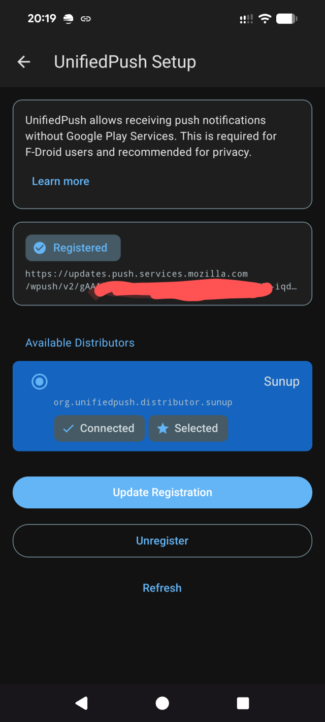 Screenshot of the UnifiedPush Setup screen in the Holos app, showing a successful registration with the Sunup distributor connected and selected.