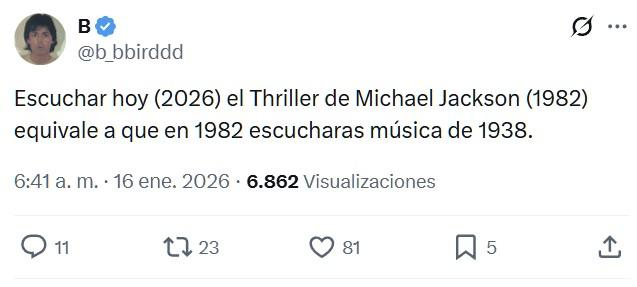 "Escuchar hoy (2026) el Thriller de Michael Jackson (1982) equivale a que en 1982 escucharas música de 1938."