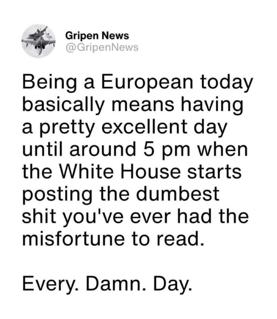 Being a European today
basically means having
a pretty excellent day
until around 5 pm when
the White House starts
posting the dumbest
shit you've ever had the
misfortune to read.

Every. Damn. Day.

