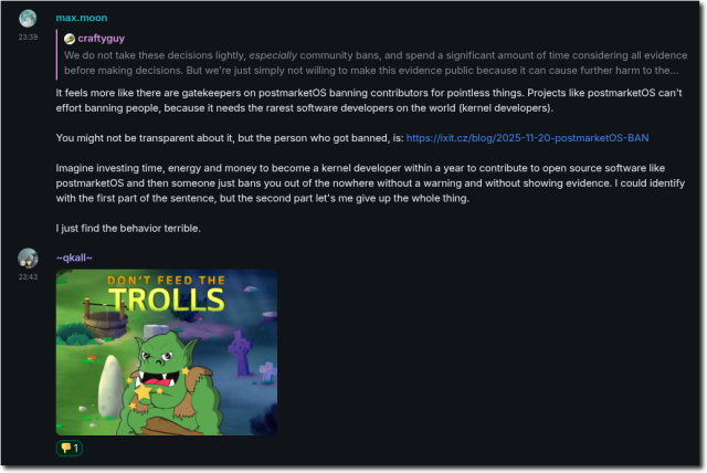 A screenshot from the postmarketos matrix chat.