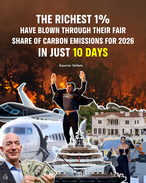 The richest 1% have blown through their fair share of carbon emissions for 2026 in just 10 days. Source: Oxfam.

In the image, billionaires like Elon Musk and Jeff Bezos are shown jumping with enthusiasm and holding wads of money, against a backdrop of superyachts and private jets and burning forests.