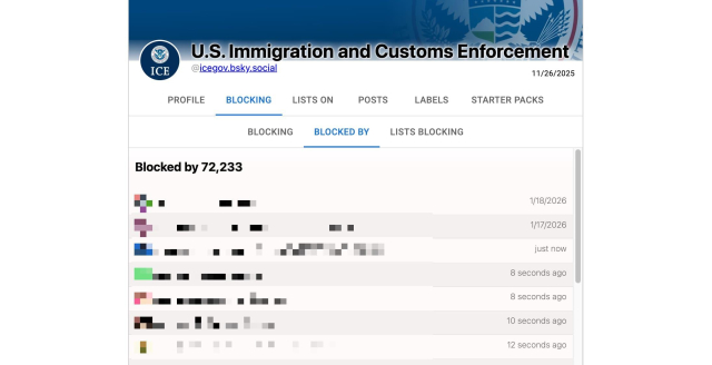 a screenshot of the site ClearSky updating in real time the Bluesky accounts that are blocking ICE. The page reads "U.S. immigration and customs enforcement" blocked by 72233 (accounts) with the date of the block... some seconds ago