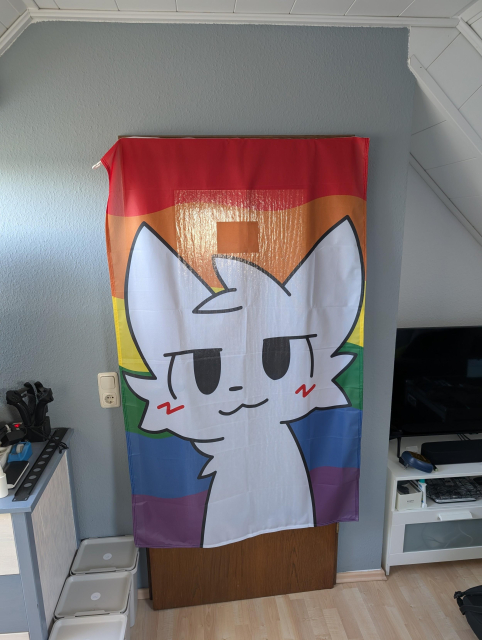 Eine Prideflag über einer Tür. Die Fahne hat geschwungene Elemente und in der Mitte das Boykisser-Meme.