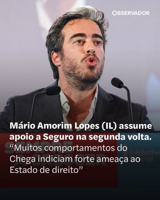 Parangona Observador: citação de Mário Amorim Lopes sobre foto do próprio: "Mário Amorim Lopes (IL) assume apoio a Seguro na segunda volta. "Muitos comportamentos do Chega indiciam fortes ameaças ao Estado de Direito"