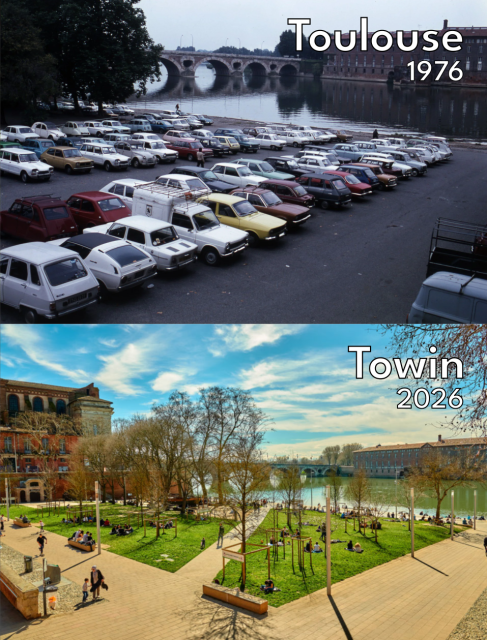 Two pictures from the same vantage point looking out over the same area in Toulouse, France. The top pic is from 1976 and shows a big parking space full of cars by the river. It's almost all asphalt, just a few trees, and three people walking. The bottom pic shows how the same area looks today, it's a park with lots of trees, grass, benches and a playground. There's no cars, but the park is full of people, on the grass and along the riverside.

On the top pic is the text Toulouse, 1976. On the bottom pic the text Towin, 2026.

PS: The bottom pic is a few years old, the trees are bigger there now. But it's the pic I could find from the same vantage point.