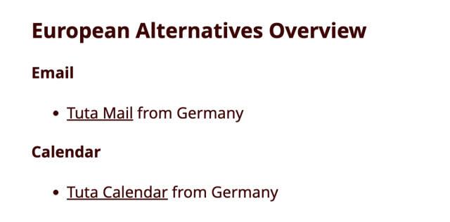 Tuta suggesting only Tuta Mail and Tuta Calendar as alternatives to Google. 
