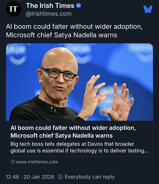 A man with a bald head and glasses gestures while speaking, set against a blue background, about how rich he’s becoming. The text above discusses a warning from Microsoft's chief, Satya Nadella, about the need for wider adoption of AI technology.