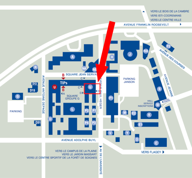 Map of the SOLBOSCH area (where FOSDEM takes place), with buildings and entrances marked. A big red arrow points to building U entrance D. with a red rectangle marking the UD area. Map source: https://tips-ulb.be/contact-how-to-reach-us