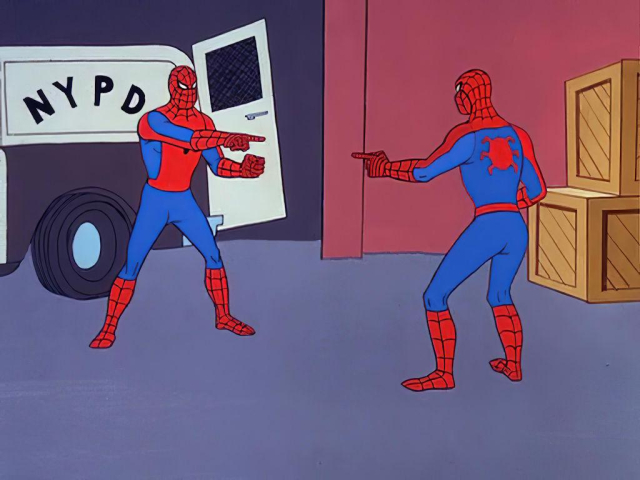 The Spiderman meme except that there are only two Spidermans... Spidermen??? 
One is a Bluesky user, the other one is a Fediverse user. You can choose which is which.