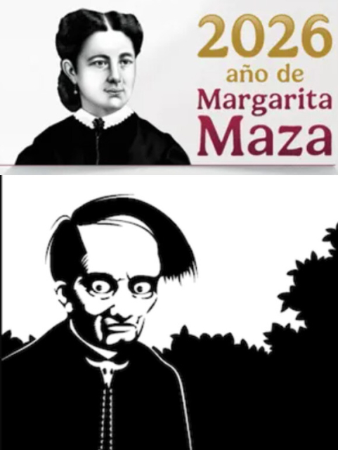 Arriba: logo institucional de año de Margarita Maza. Abajo: Bug-Eyed Earl de Max Cannon "Red Meat"