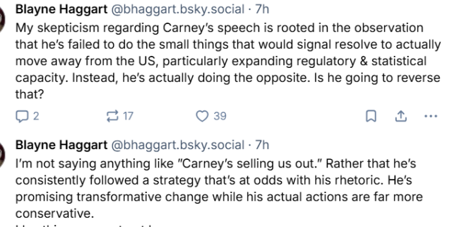 My skepticism regarding Carney’s speech is rooted in the observation that he’s failed to do the small things that would signal resolve to actually move away from the US, particularly expanding regulatory & statistical capacity. Instead, he’s actually doing the opposite. Is he going to reverse that?

I’m not saying anything like ”Carney’s selling us out.” Rather that he’s consistently followed a strategy that’s at odds with his rhetoric. He’s promising transformative change while his actual actions are far more conservative.
I lay this argument out here.