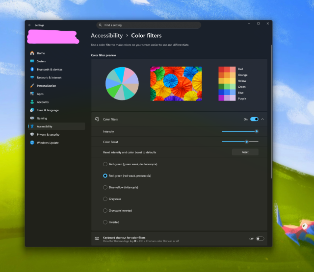 A screenshot of Windows 11 Settings, the colour filters page under Accessibility. The Red-Green (red weak, protanopia) colour filter has been enabled, but there is also red-green (green week), blue-yellow, 2 greyscale options and inverted. There are also intensity and colour boost options