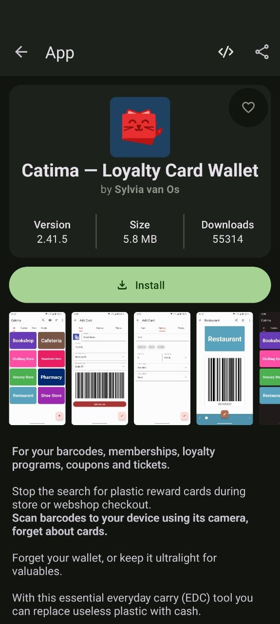 A screenshot of Catima in Droid-ify, showing "Version", "Size" and "Downloads" in big colomns on the main screen. Downloads currently shows "55314"