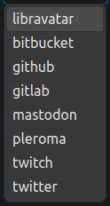 Avatar providers available at Liberapay: libravatar, bitbucket, github, gitlab, mastodon, pleroma, twitch, twitter. No custom avatar possible.
