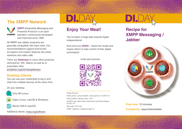 Three panel folded flyer in English, DI.DAY recipe for XMPP Messaging / Jabber, with four app-branded muffins on a plate. Full text available from Digitalcourage e.V.