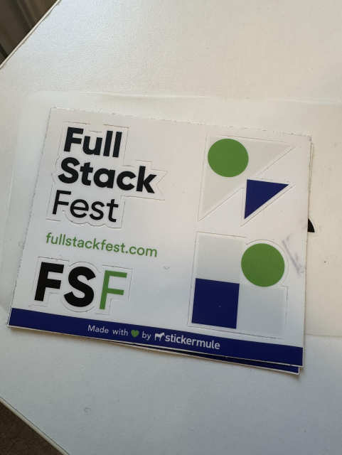 A sheet of stickers from Full Stack Fest 2019.