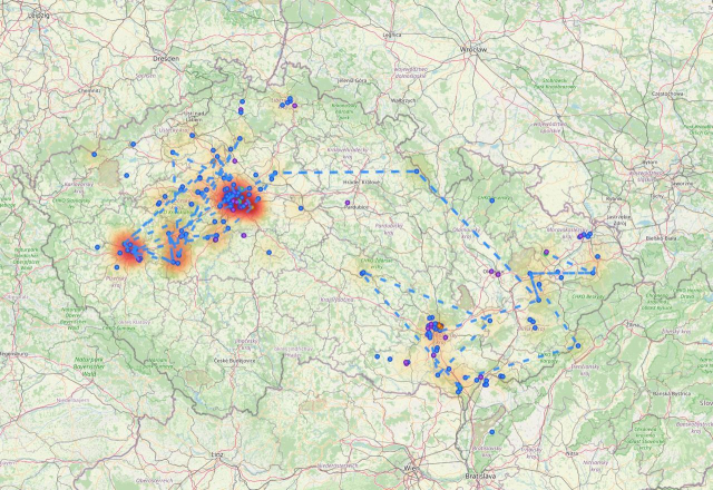 A map of the Czech republic with active Meshcore repeaters and connections between them. There is a connection from the Prague area to Orlické Hory and from there to Hostýnské hory, effectively connecting Bohemia and Moravia.