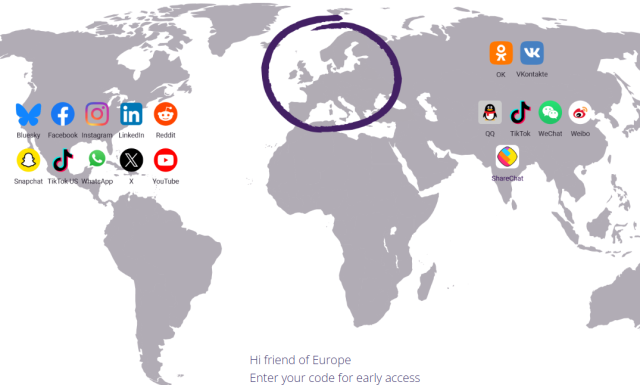 The wsocial map shows the world with social media platforms from USA, Russia, and China, and a circle highlighting the lack of platforms in Europe