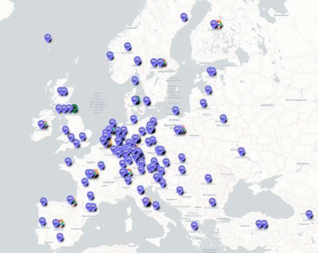 The StartHereSocial map shows Europe festooned with Fediverse services