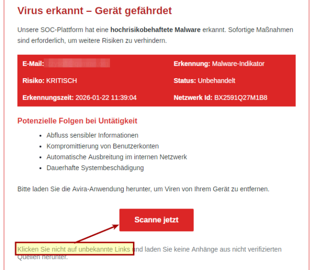 Screenshot einer Scam-Mail. Fun fact: der Text sagt, ich soll nicht auf unbekannte Links klicken – was ich aber mit dem Button täte