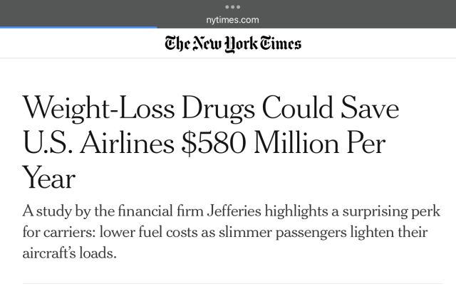 Weight-Loss Drugs Could Save U.S. Airlines $580 Million Per Year

A study by the financial firm Jefferies highlights a surprising perk for carriers: lower fuel costs as slimmer passengers lighten their aircraft’s loads.