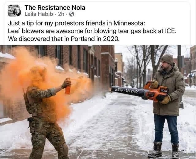 The Resistance Nola
 Leila Habib - 2h - @
Just a tip for my protestors friends in Minnesota:
Leaf blowers are awesome for blowing tear gas back at ICE.
We discovered that in Portland in 2020.

