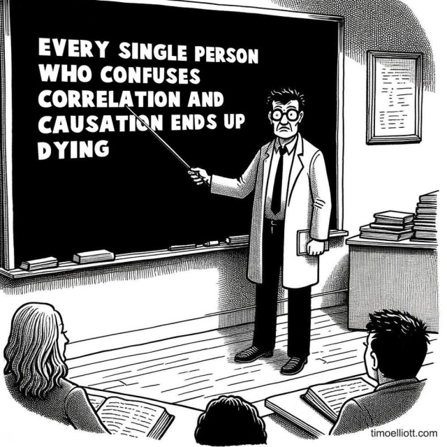 A black and white caroon scenery.. On the table in capital letters: "Every single person who confuses correlation and causation ends up dying"