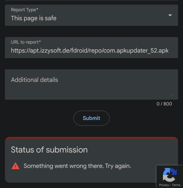 Safe browsing error report form, showing the alert message, "Status of submission: Something went wrong there. Try again." The URL being reported safe includes the apk file.