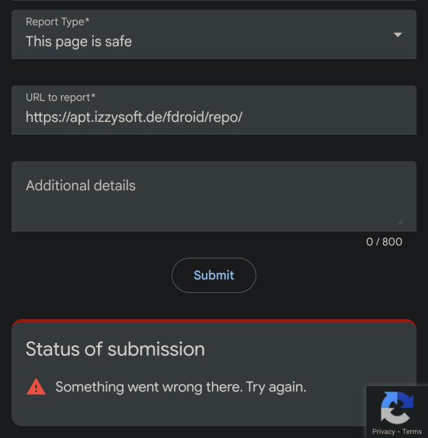 Safe browsing error report form, showing the alert message, "Status of submission: Something went wrong there. Try again." The URL being reported safe does not include the apk file, just the parent path.