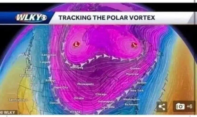 map that says tracking the ￼polar vortex and the cold front or whatever it's called looks like a pair of boobies ￼with L's for nipples