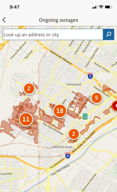 A map displaying ongoing outages in a city, with orange-highlighted areas indicating affected locations. Numbers within circles represent the number of outages in each area. The search bar is available for locating specific addresses or cities.