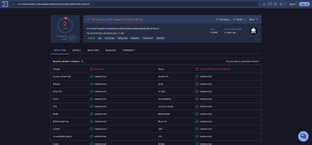 Virustotal showing detecting StreetMeasure.apk SHA256 signature as malware both in Google safebrowsing database as "Detected", and in Ikarus scan as "Trojan-SMS.AndroidOS.FakeInst"